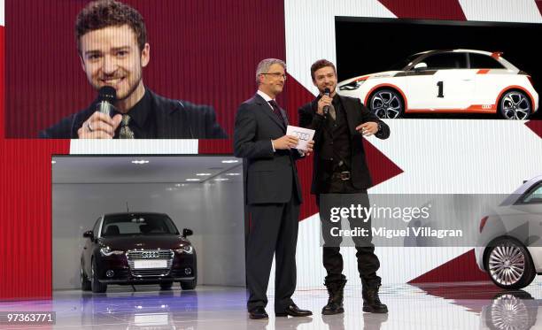 Audi CEO Rupert Stadler and Justin Timberlake present the Audi A1 during the first press day at the 80th Geneva International Motor Show on March 2,...