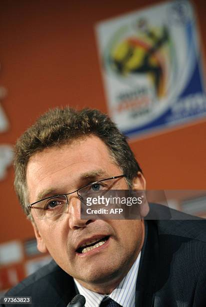Jerome Valcke, FIFA Secretary General speaks during a presser during a team workshop of 19 football team coaches on February 23, 2010 in Sun City...