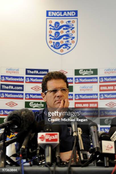 England manager Fabio Capello speaks to the media during a press conference at London Colney on March 2, 2010 in St Albans, England.
