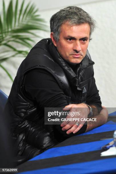 Inter Milan's Portuguese coach Jose Mourinho listens to questions during a press conference on the eve of his team's UEFA Champions League match...