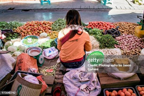 local woman selling vegetables in the market in loikaw, myanmar. - loikaw fotografías e imágenes de stock