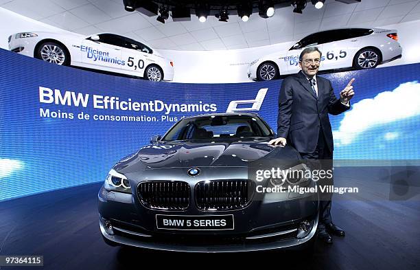 Chairman and CEO Norbert Reithofer presents the BMW 5 Series during the first press day at the 80th Geneva International Motor Show on March 2, 2010...