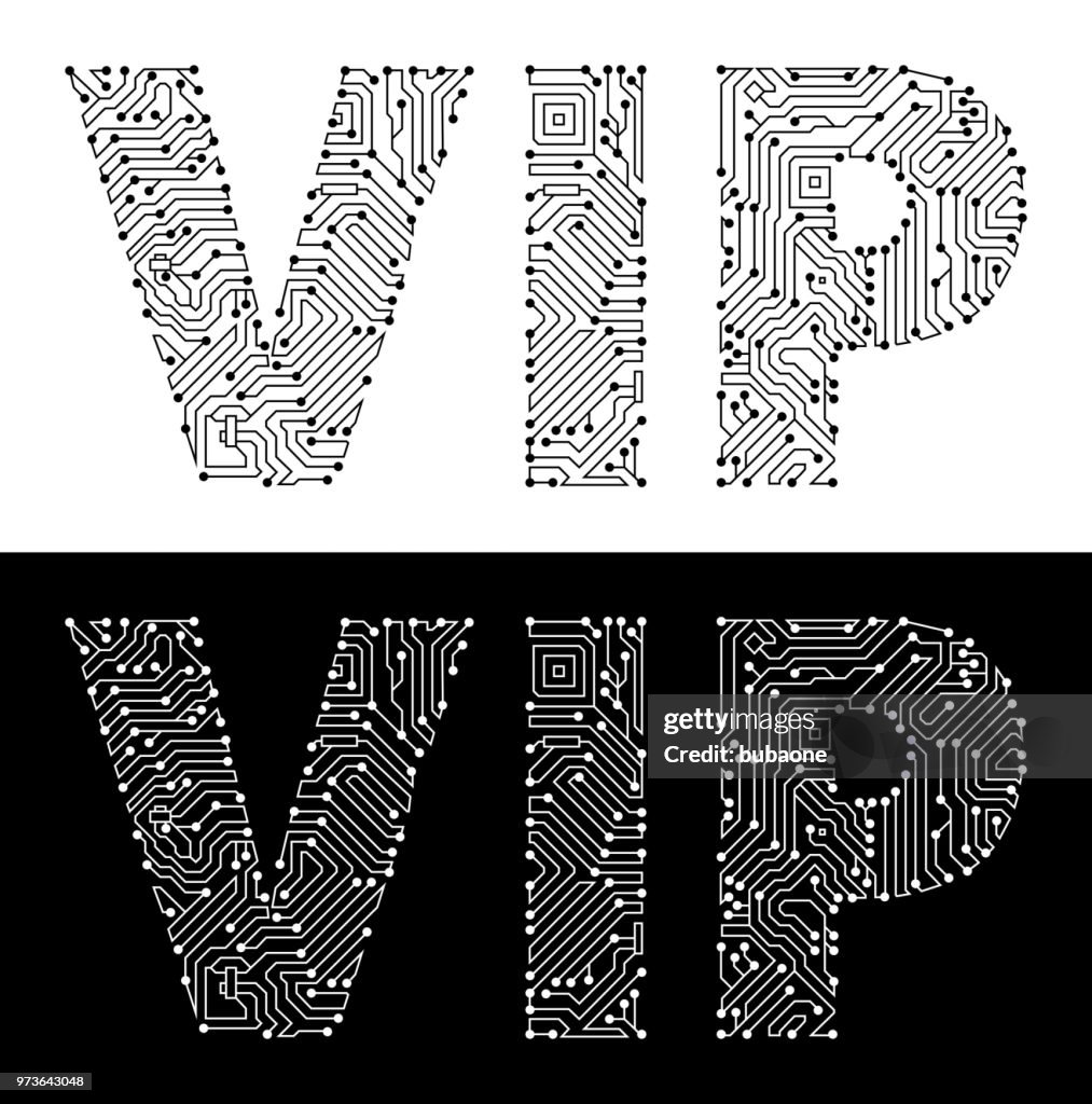 Vip Night Cursive Vip In Black And White Circuit Board Font High-Res Vector Graphic ...