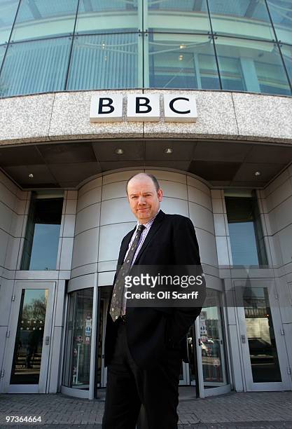 Mark Thompson, the director General of the BBC, gives a television interview outside BBC Television Centre on March 2, 2010 in London, England. The...