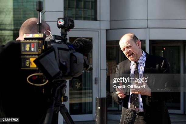 Mark Thompson, the director General of the BBC, gives a television interview outside BBC Television Centre on March 2, 2010 in London, England. The...