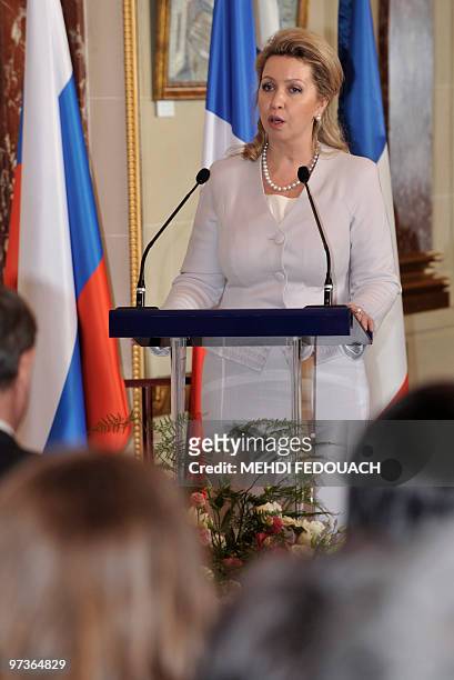Russian first lady Svetlana Medvedeva speaks after she visited the exhibition called "A window to Russia" on March 2, 2010 at the Russian Cultural...