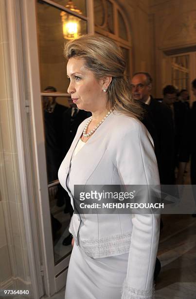Russian first lady Svetlana Medvedeva arrives to visit the exhibition called "A window to Russia" on March 2, 2010 at the Russian Cultural Center in...