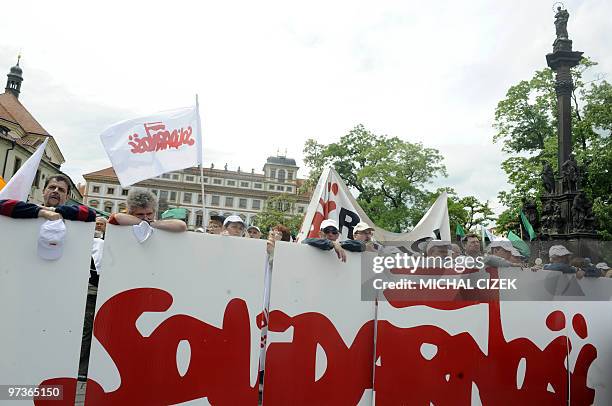 Polish trade unionists from union confederation ''Solidarnosc'' protest on May 16, 2009 in front of Prague Castle in capital city. About 20,000 trade...