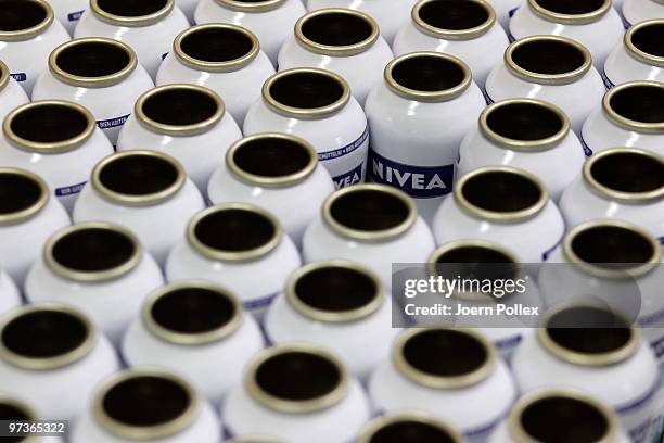 Empty Nivea Calm and Care Deo bottles are pictured in a Beiersdorf factory on March 2, 2010 in Hamburg, Germany. Beiersdorf, one of world's largest...