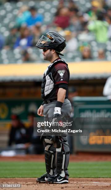 Alex Avila of the Arizona Diamondbacks stands on the field during the game against the Oakland Athletics at the Oakland Alameda Coliseum on May 26,...