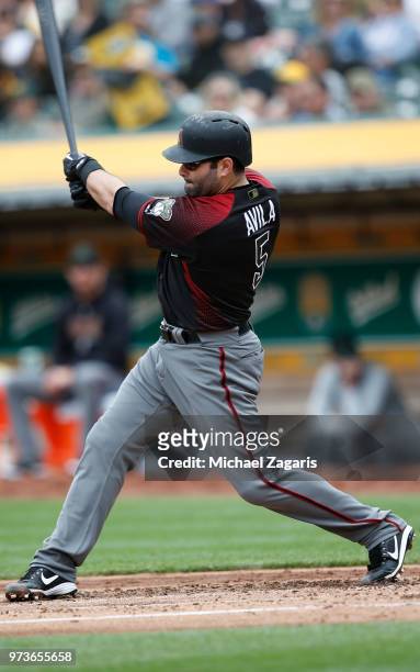Alex Avila of the Arizona Diamondbacks bats during the game against the Oakland Athletics at the Oakland Alameda Coliseum on May 26, 2018 in Oakland,...