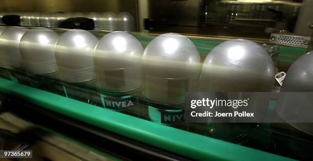 Nivea Silver Protect Deo sticks run through a final controll in a Beiersdorf factory on March 2, 2010 in Hamburg, Germany. Beiersdorf, one of world's...
