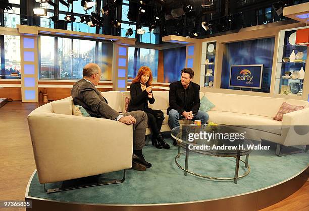 Co-anchor for the CBS News morning show Harry Smith, musician Reba McEntire and musician Blake Shelton speak at the 45th Annual Academy Of Country...