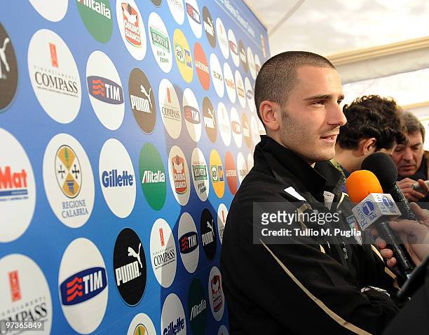 Leonardo Bonucci of Italy national team answers questions during a press conference at Coverciano on March 2, 2010 in Florence, Italy.