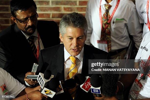 Australian Foreign Minister Stephen Smith addresses mediapersons prior to the start of the match between India and Australia during their World Cup...