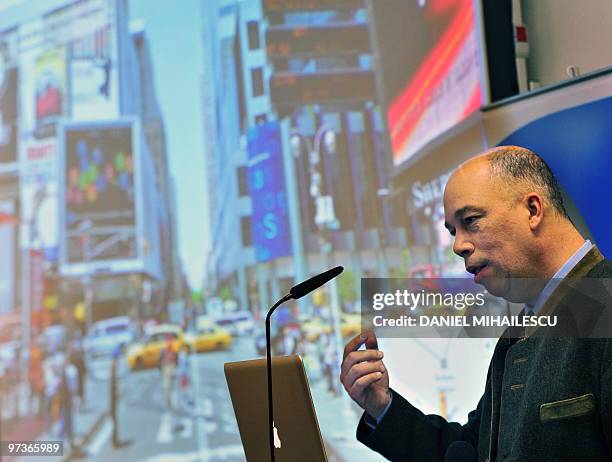 To go with AFP story by Audrey Kaufmann Michael Jones, Chief Technology Advocat of Google presents Google Street View, a computer program which will...