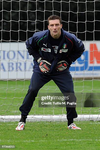 Goalkeeper Morgan De Sanctis looks on during an Italy national team training session at FIGC Center at Coverciano on March 2, 2010 in Florence, Italy.