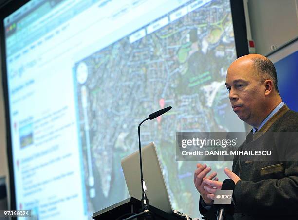 To go with AFP story by Audrey Kaufmann Michael Jones, Chief Technology Advocat of Google presents Google Street View, a computer program which will...