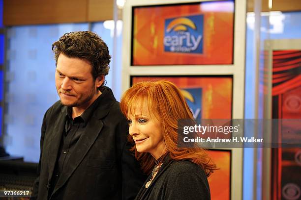 Musicians Reba McEntire and Blake Shelton on-set at the 45th Annual Academy Of Country Music Awards Nominations at CBS Early Show Studio Plaza on...