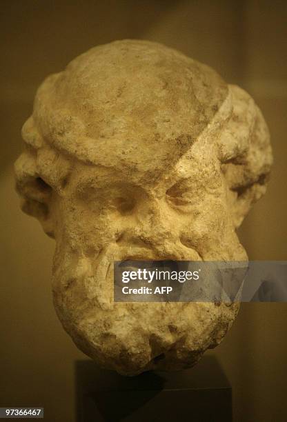 Marble head of the Greek God Silenus, dating to the Hellenistic era and found in the sanctuary of Echmoun in the southern Lebanese city of Sidon, is...