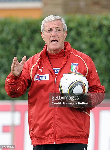 Italy national team coach Marcello Lippi during a training session at FIGC Centre at Coverciano at Coverciano on March 2, 2010 in Florence, Italy.