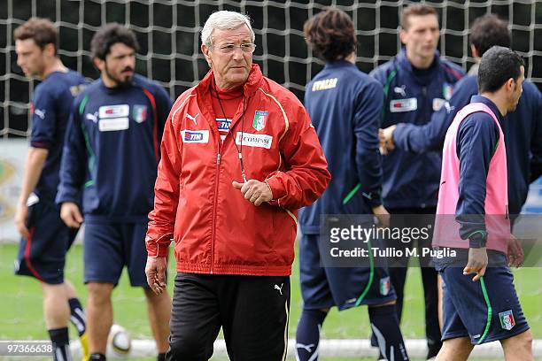 Italy national team coach Marcello Lippi looks on during an Italy national team training session at FIGC Center at Coverciano on March 2, 2010 in...