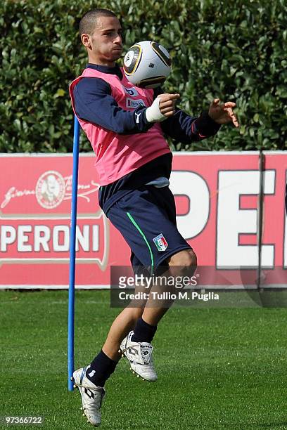 Leonardo Bonucci in action during an Italy national team training session at FIGC Center at Coverciano on March 2, 2010 in Florence, Italy.
