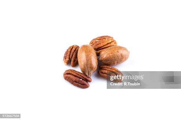 few pecan nuts isolated on white background - macro shell stock pictures, royalty-free photos & images