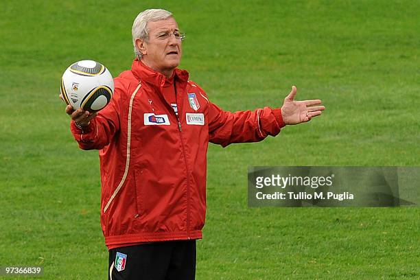 Italy national team coach Marcello Lippi gestures during an Italy national team training session at FIGC Center at Coverciano on March 2, 2010 in...