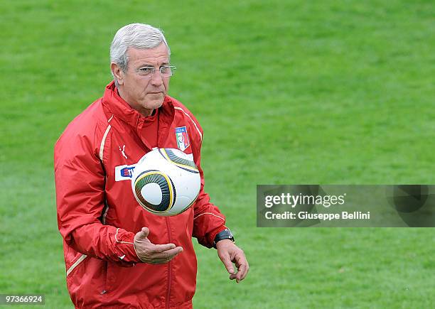 Italy national team coach Marcello Lippi during a training session at FIGC Centre at Coverciano at Coverciano on March 2, 2010 in Florence, Italy.