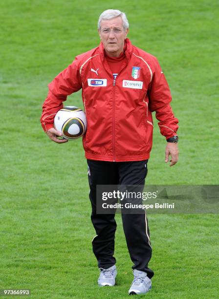 Italy national team coach Marcello Lippi during a training session at FIGC Centre at Coverciano at Coverciano on March 2, 2010 in Florence, Italy.