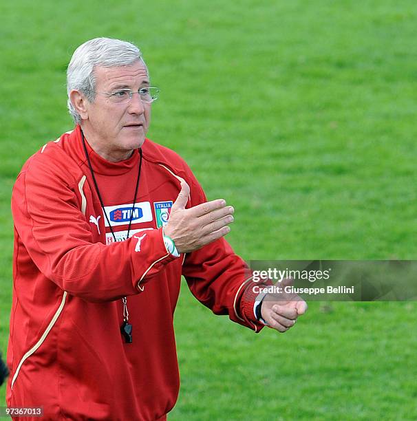 Italy national team coach Marcello Lippi during a training session at FIGC Centre at Coverciano at Coverciano on March 2, 2010 in Florence, Italy.