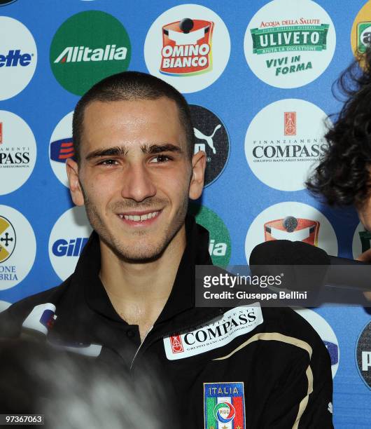Leonardo Bonucci answers questions during a press conference at FIGC Centre at Coverciano at Coverciano on March 2, 2010 in Florence, Italy.