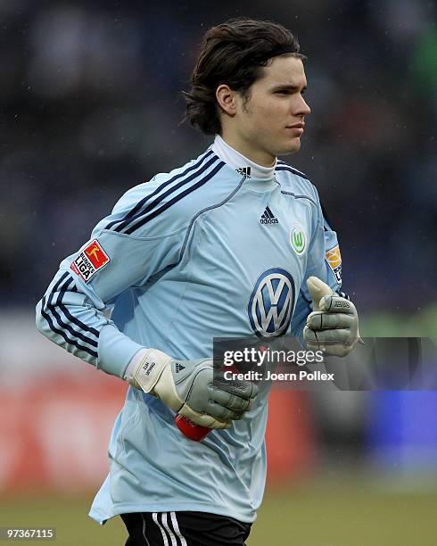 Marwin Hitz of Wolfsburg is seen during the Bundesliga match between Hannover 96 and VfL Wolfsburgat AWD-Arena on February 28, 2010 in Hanover,...