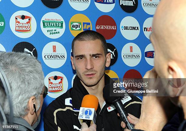 Leonardo Bonucci answers questions during a press conference at FIGC Centre at Coverciano at Coverciano on March 2, 2010 in Florence, Italy.