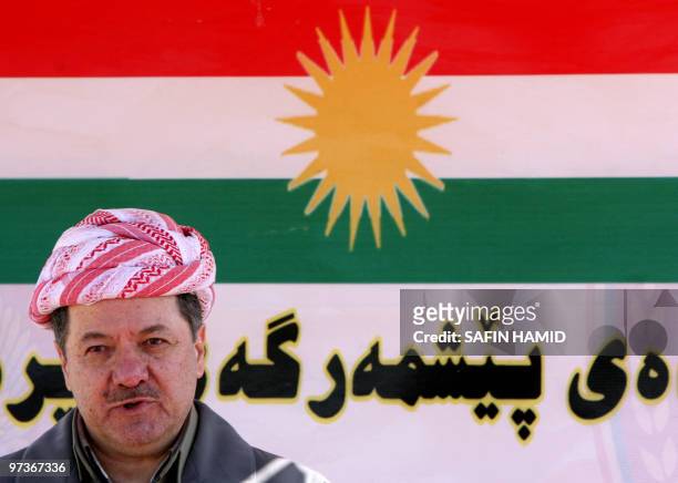 President of Iraq's Kurdish region Massud Barzani addresses Peshmerga soldiers during their graduation ceremony in the northern Kurdish city of Arbil...