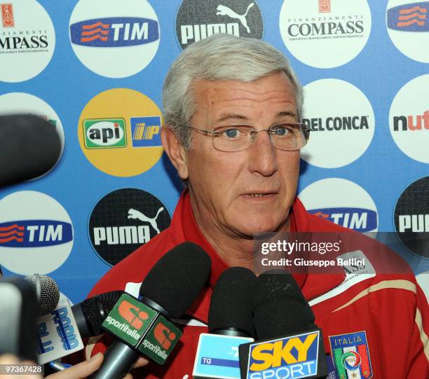 Italy national team coach Marcello Lippi answers questions during a press conference at FIGC Centre at Coverciano at Coverciano on March 2, 2010 in...