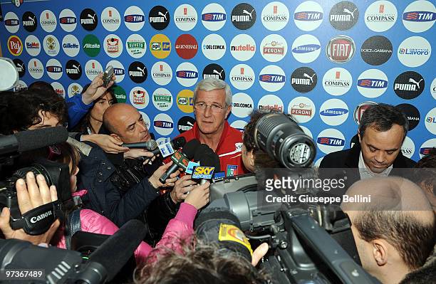 Italy national team coach Marcello Lippi answers questions during a press conference at FIGC Centre at Coverciano at Coverciano on March 2, 2010 in...