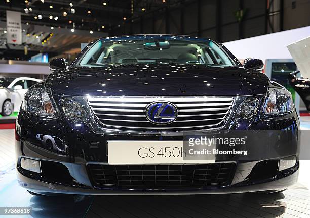 Lexus GS 450h hybrid automobile is seen on the first press day of the Geneva International Motor Show in Geneva, Switzerland, on Tuesday, March 2,...