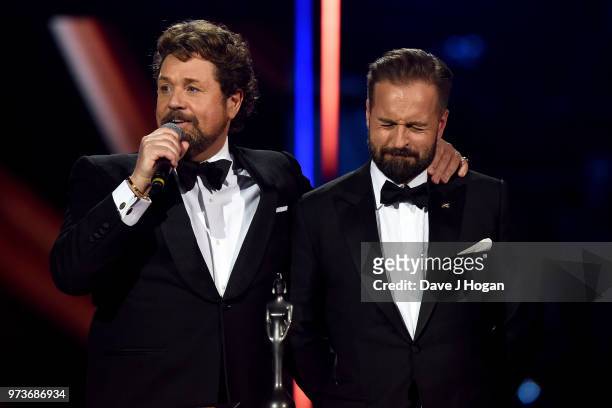 Michael Ball and Alfie Boe on stage during the 2018 Classic BRIT Awards held at Royal Albert Hall on June 13, 2018 in London, England.