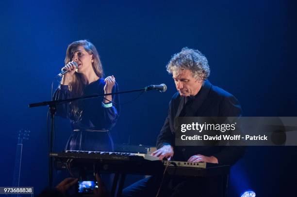 Barbara Carlotti and Arnold Turboust perform at Cafe de la Danse on June 13, 2018 in Paris, France.