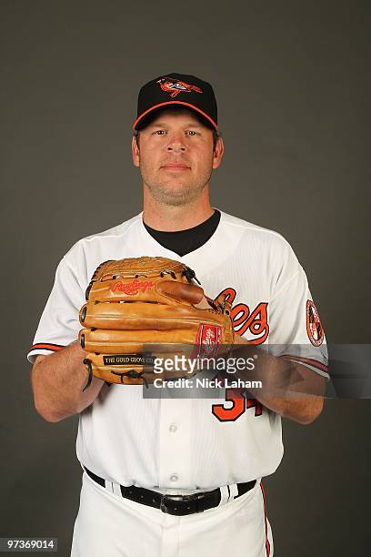 Kevin Millwood of the Baltimore Orioles poses for a photo during Spring Training Media Photo Day at Ed Smith Stadium on February 27, 2010 in...