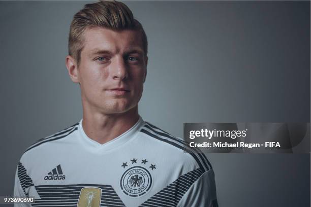 Toni Kroos of Germany poses during the official FIFA World Cup 2018 portrait session on June 13, 2018 in UNSPECIFIED, Russia.