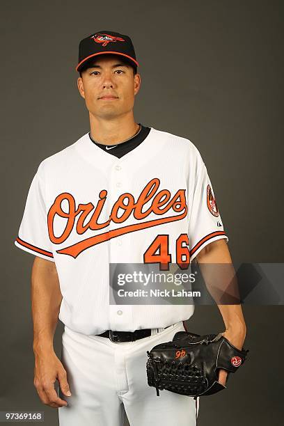 Jeremy Guthrie of the Baltimore Orioles poses for a photo during Spring Training Media Photo Day at Ed Smith Stadium on February 27, 2010 in...