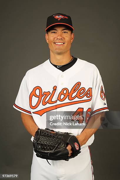 Jeremy Guthrie of the Baltimore Orioles poses for a photo during Spring Training Media Photo Day at Ed Smith Stadium on February 27, 2010 in...