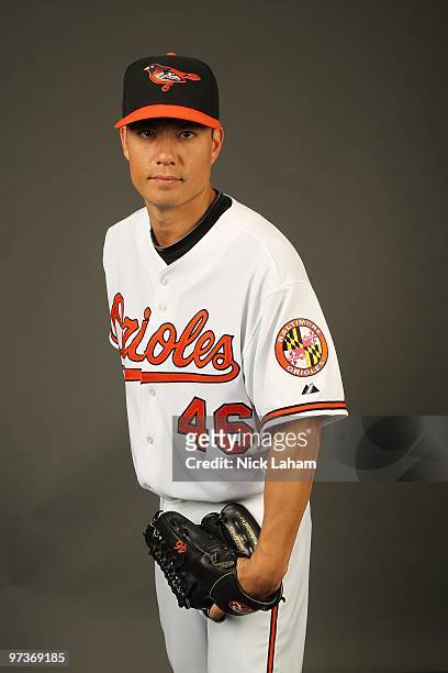Jeremy Guthrie of the Baltimore Orioles poses for a photo during Spring Training Media Photo Day at Ed Smith Stadium on February 27, 2010 in...