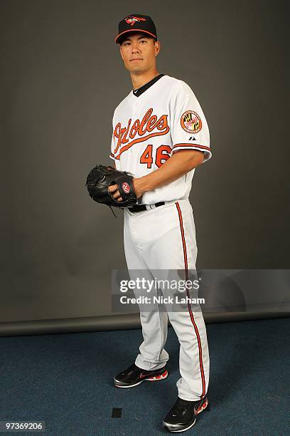 Jeremy Guthrie of the Baltimore Orioles poses for a photo during Spring Training Media Photo Day at Ed Smith Stadium on February 27, 2010 in...