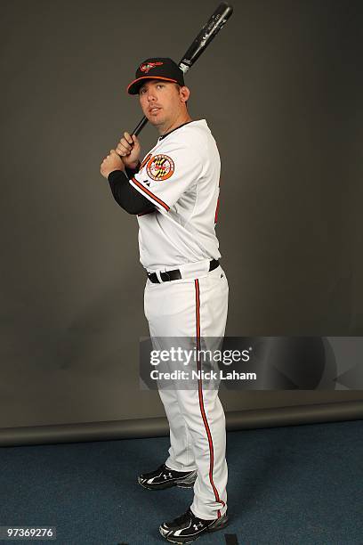 Garrett Atkins of the Baltimore Orioles poses for a photo during Spring Training Media Photo Day at Ed Smith Stadium on February 27, 2010 in...