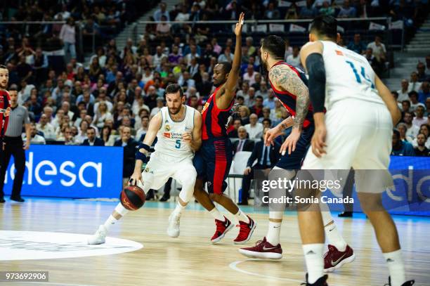 Rudy Fernandez, #5 guard of Real Madrid during the Liga Endesa game between Real Madrid and Kirolbet Baskonia at Wizink Center on June 13, 2018 in...