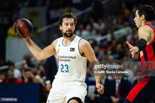 Sergio Llull, #23 guard of Real Madrid during the Liga Endesa game between Real Madrid and Kirolbet Baskonia at Wizink Center on June 13, 2018 in...